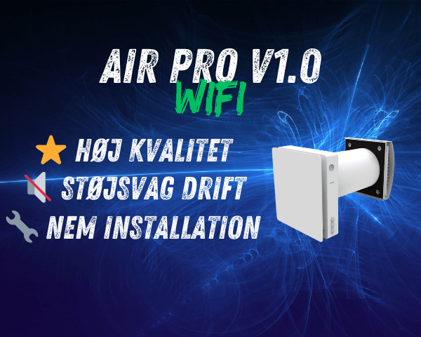 Air Pro v1.0 – WiFi-styret varmegenvindingsventilation med høj kvalitet, støjsvag drift og nem installation. Teknologisk blå baggrund med billede af Air Pro enheden.